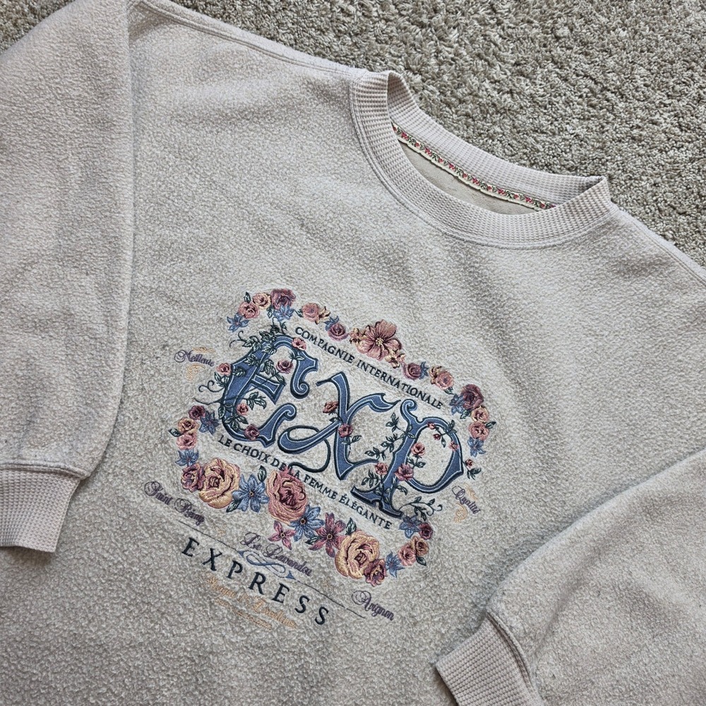 VINTAGE Express Floral Embroidered Sweatshirt Womens XL Beige French Graphic 90s